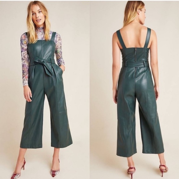 Anthropologie Pants - Anthropologie Samira Faux Leather Green Belted Wide Leg Pocket Jumpsuit size 4